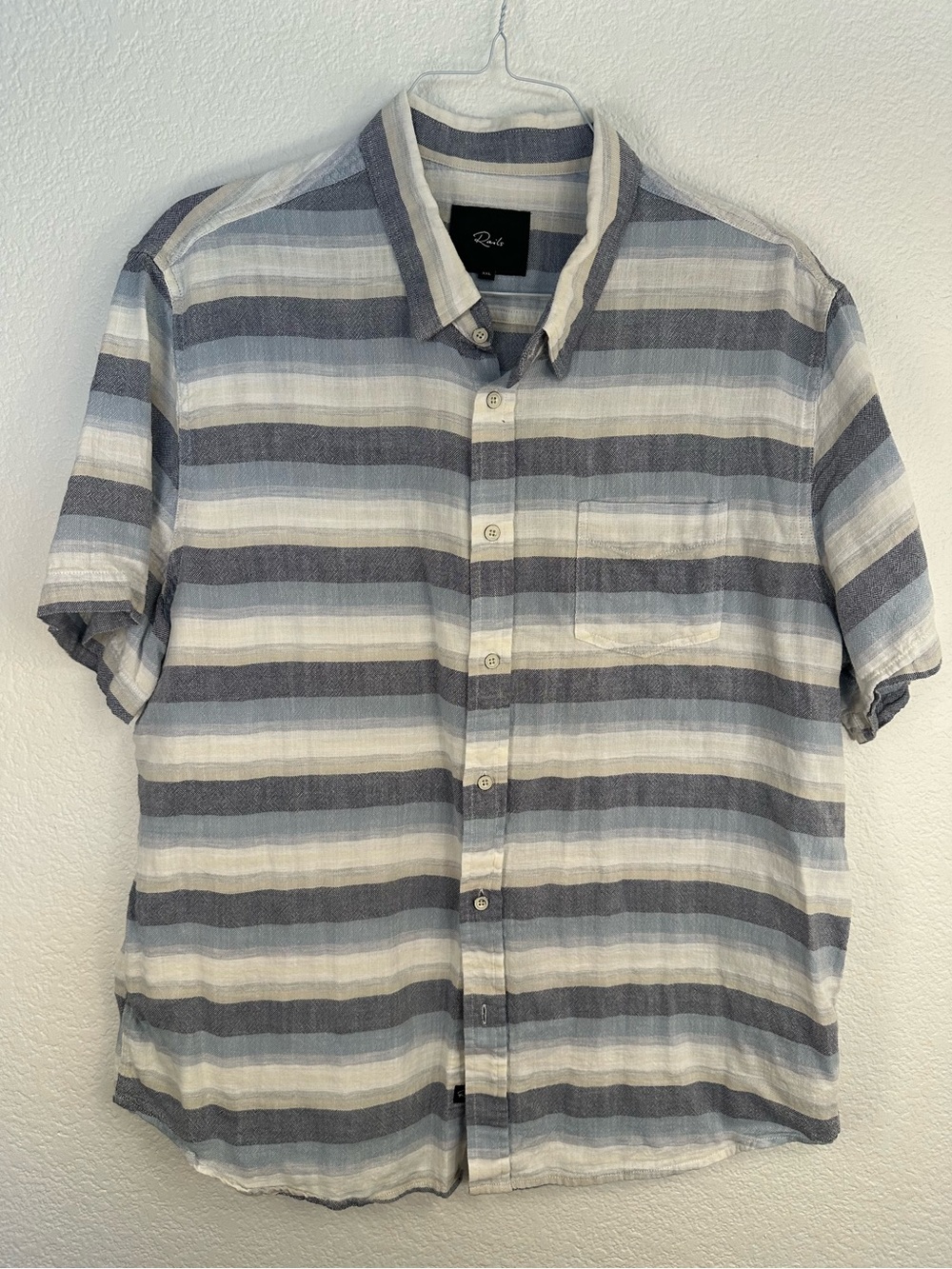 Rails Men’s XXL Short Sleeve Button Up Shirt Blue Gray Cream Stripe 100% Cotton